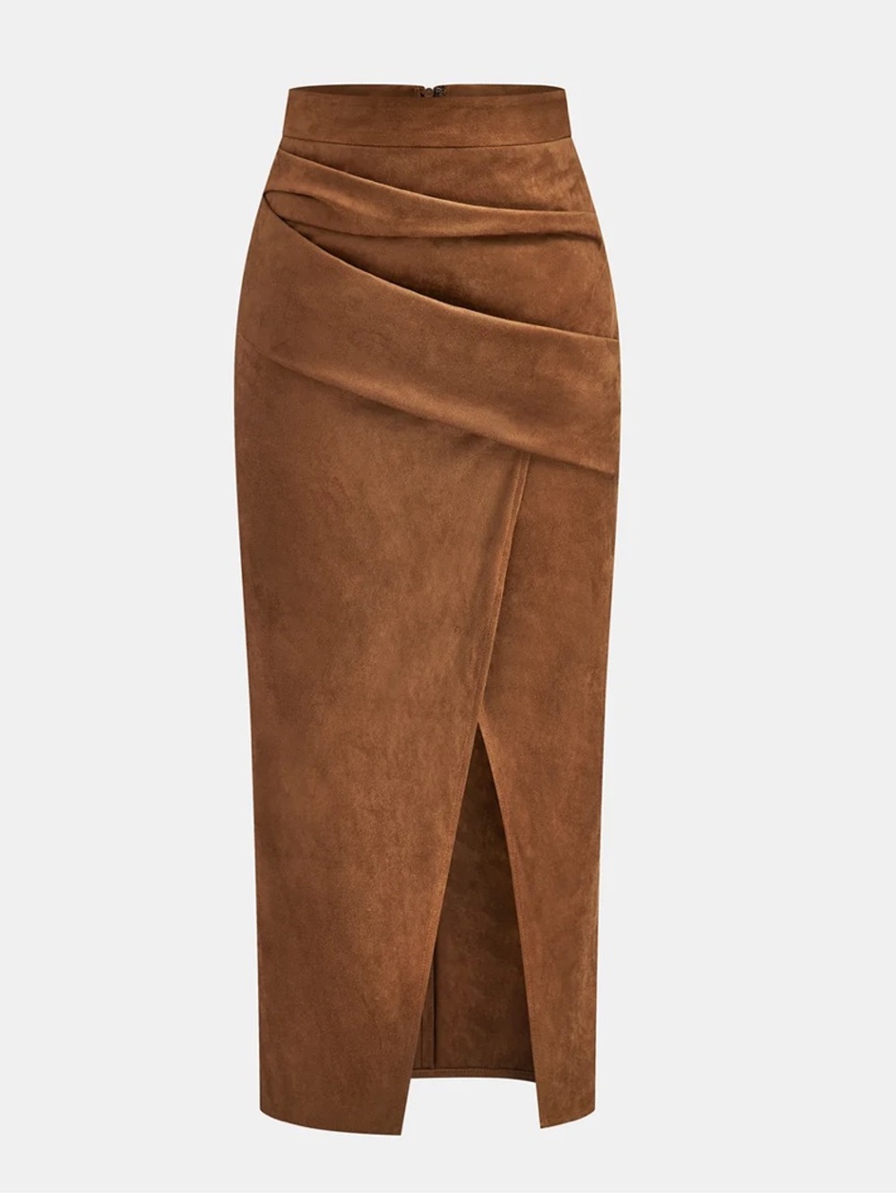 Commense Draped Suede-Effect Midi Skirt in Brown